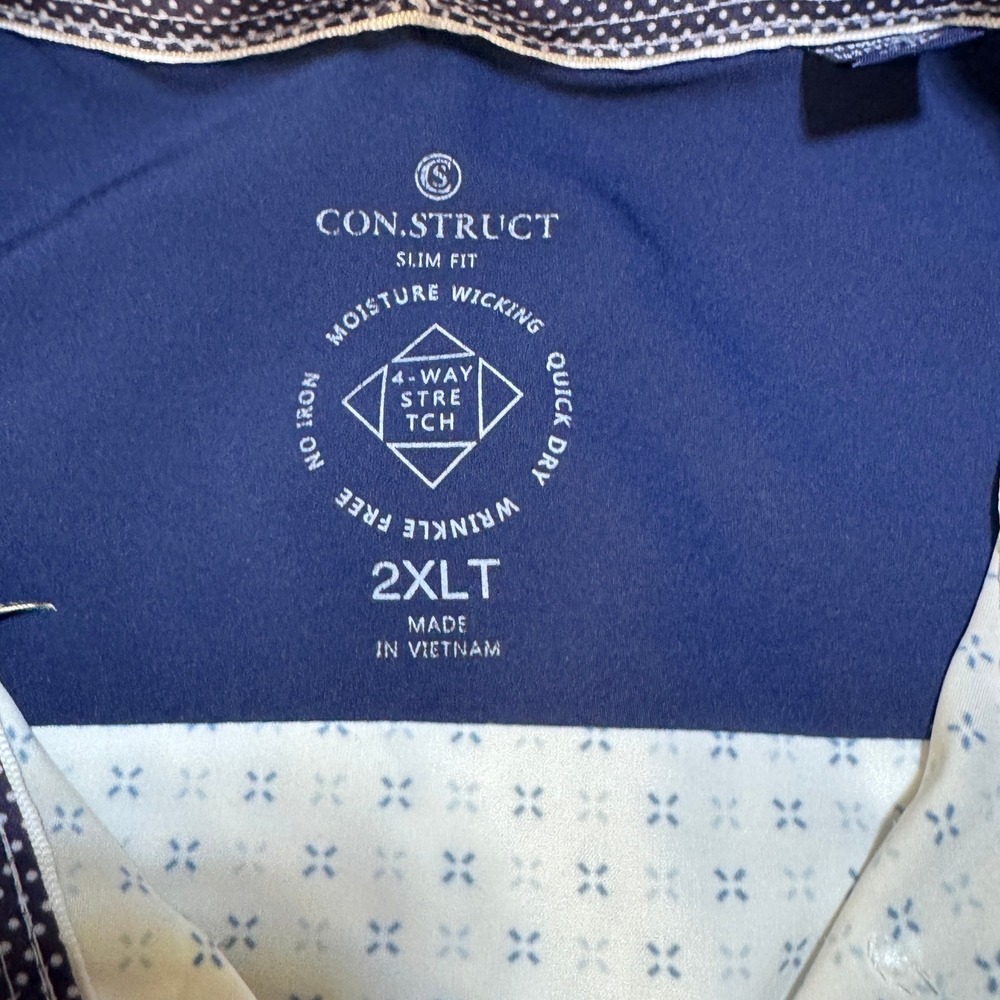 ConStruct Dress Shirt Men 2XLT White Blue Geometric Performance Stretch Slim Fit - Picture 3 of 10